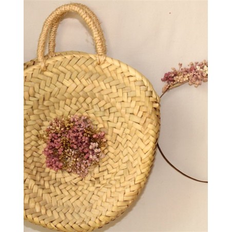 capazo de mibre redondo para niña arras con lazada y flor en tonos rosas