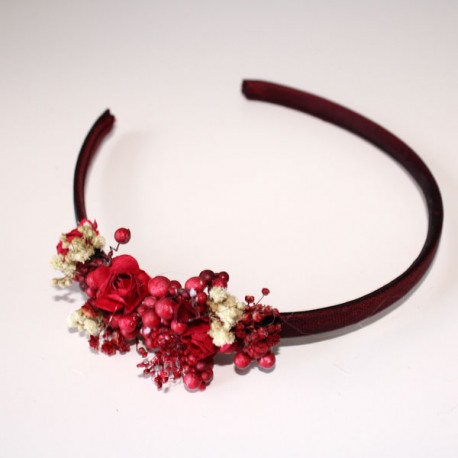 Diadema estrecha granate con flores guinda y granate