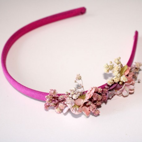 Diadema estrecha malva con flores valva y rosa viejo