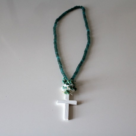 Necklace with cross Off white and dark blue and green