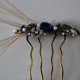 Navy blue stone, diamond and pearl comb with raffia feathers